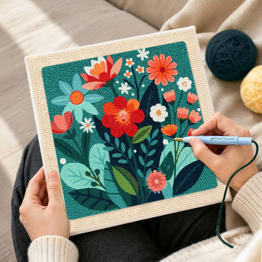 Creating handmade colorful floral medley punch needle artwork