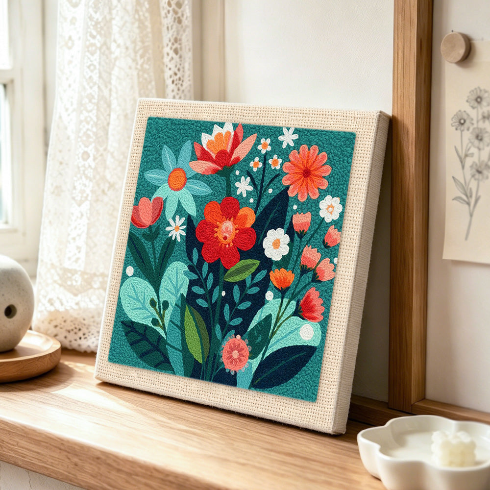 Colorful floral medley punch needle artwork displayed on a table