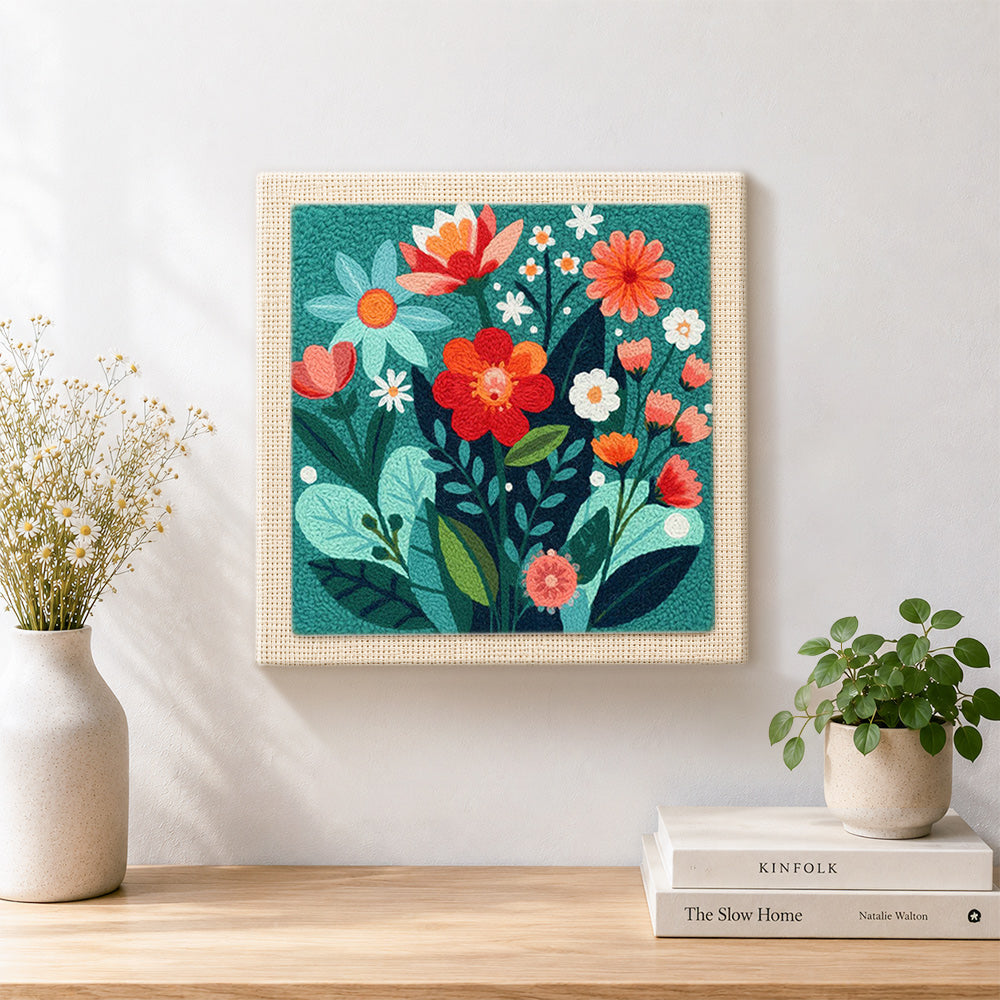 Finished colorful floral medley artwork displayed on a wall