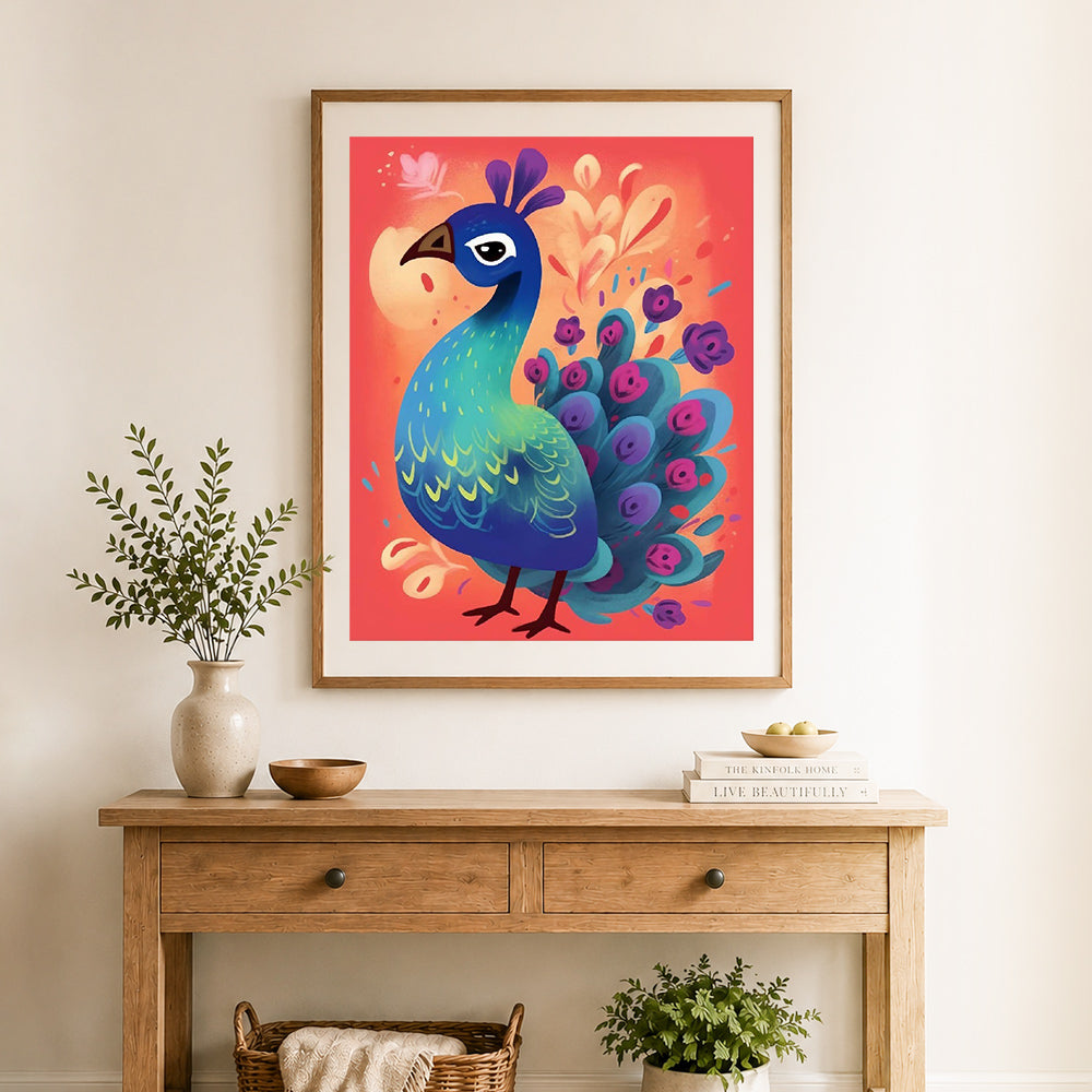 Finished colorful floral peacock cross stitch artwork displayed as home decor