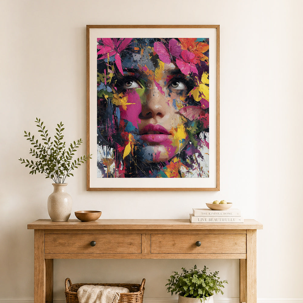 Finished colorful floral portrait cross stitch artwork displayed as home decor