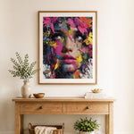 Finished colorful floral portrait cross stitch artwork displayed as home decor