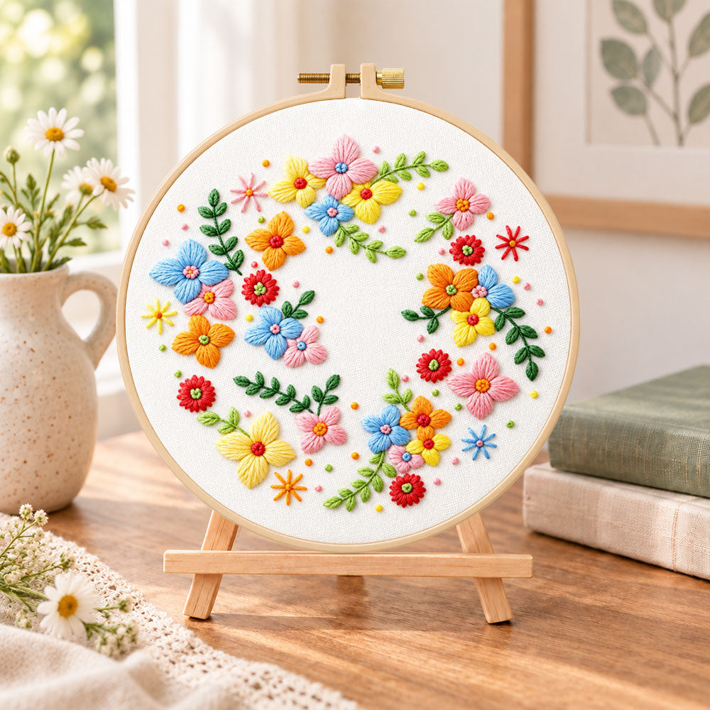 Colorful floral wreath embroidery kit finished hoop displayed on a wooden stand as cozy tabletop decor