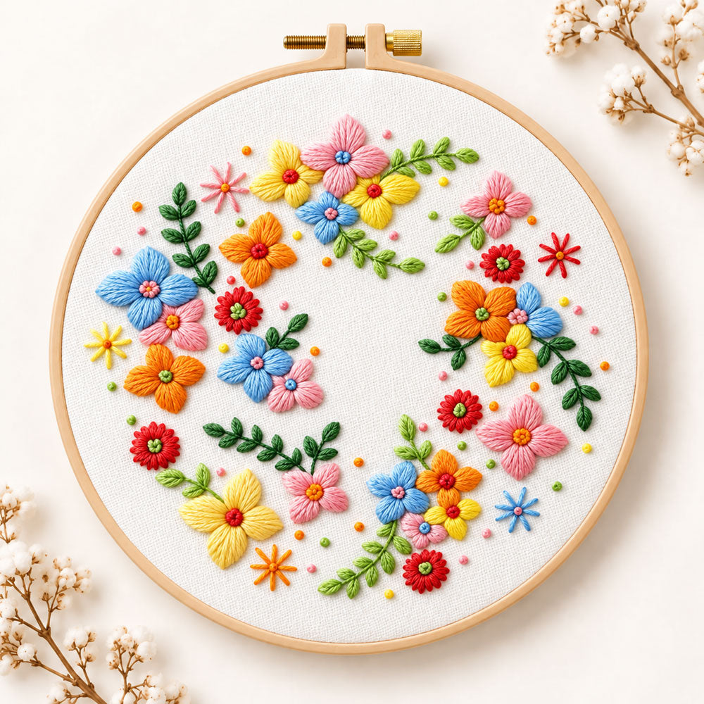 Colorful floral wreath embroidery kit