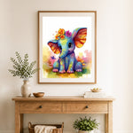 Finished colorful flower crown elephant cross stitch artwork displayed as home decor