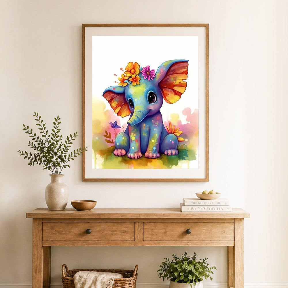 Finished colorful flower crown elephant cross stitch artwork displayed as home decor