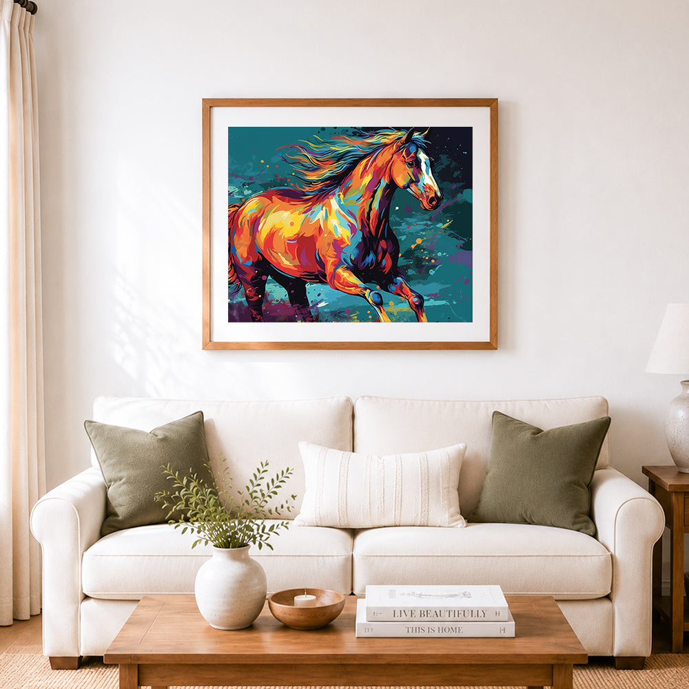 Finished colorful galloping horse cross stitch artwork displayed as home decor