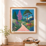 Finished colorful garden path landscape paint by numbers artwork displayed as home decor
