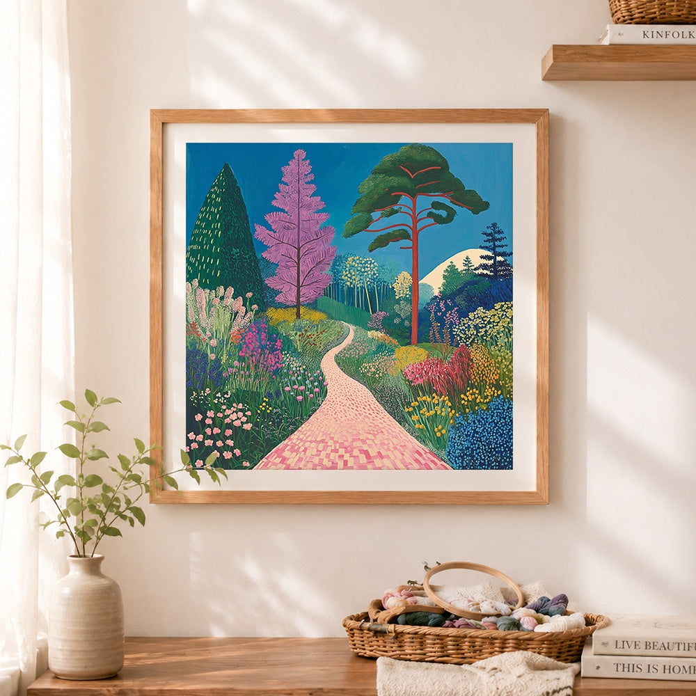Finished colorful garden path landscape paint by numbers artwork displayed as home decor