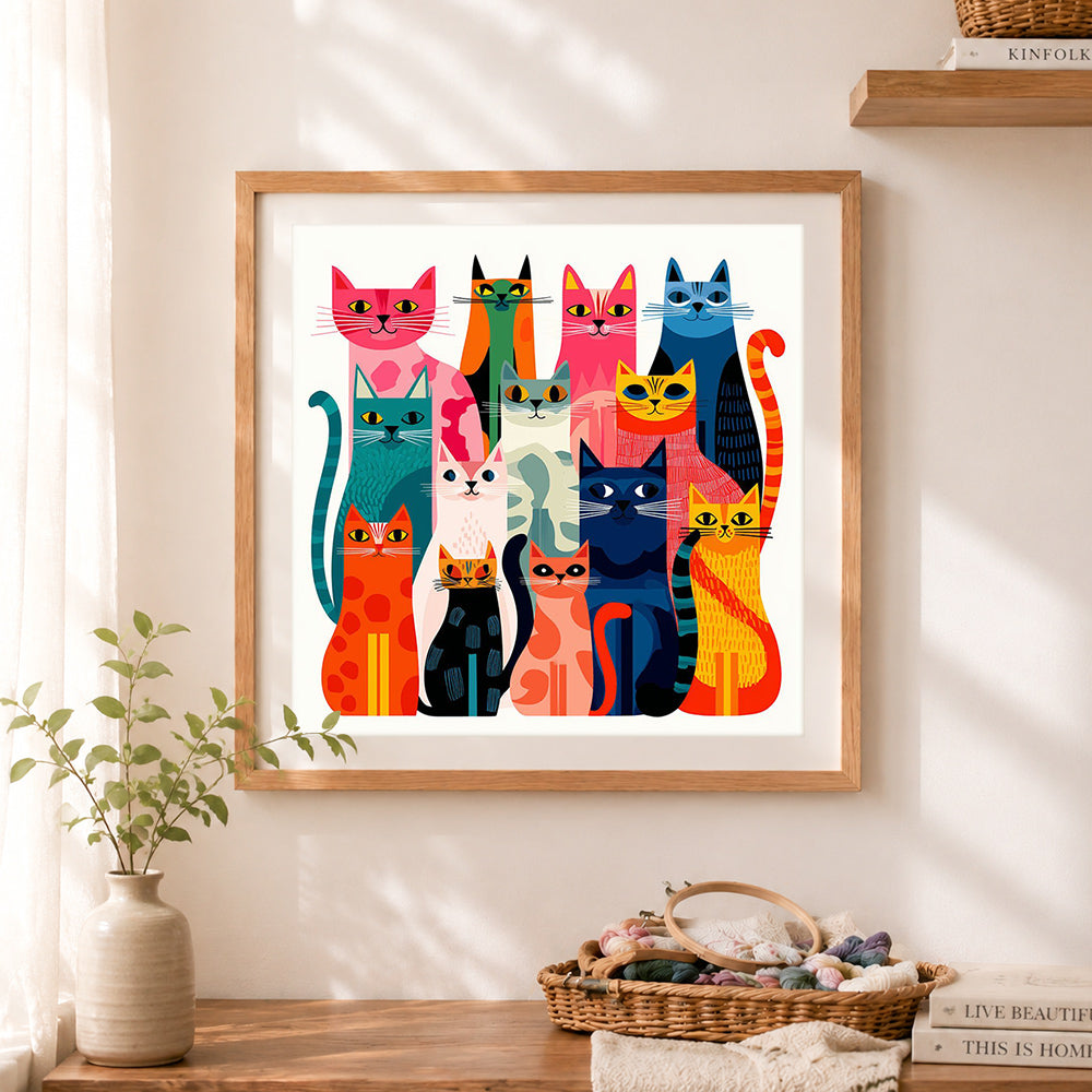 Finished colorful geometric cat family cross stitch artwork displayed as home decor