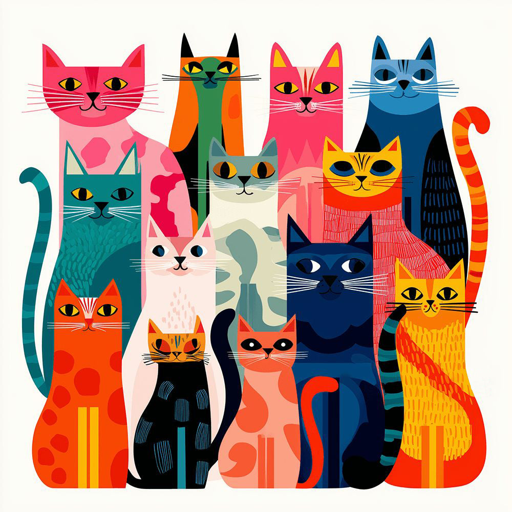 Colorful geometric cat family cross stitch kit for beginners