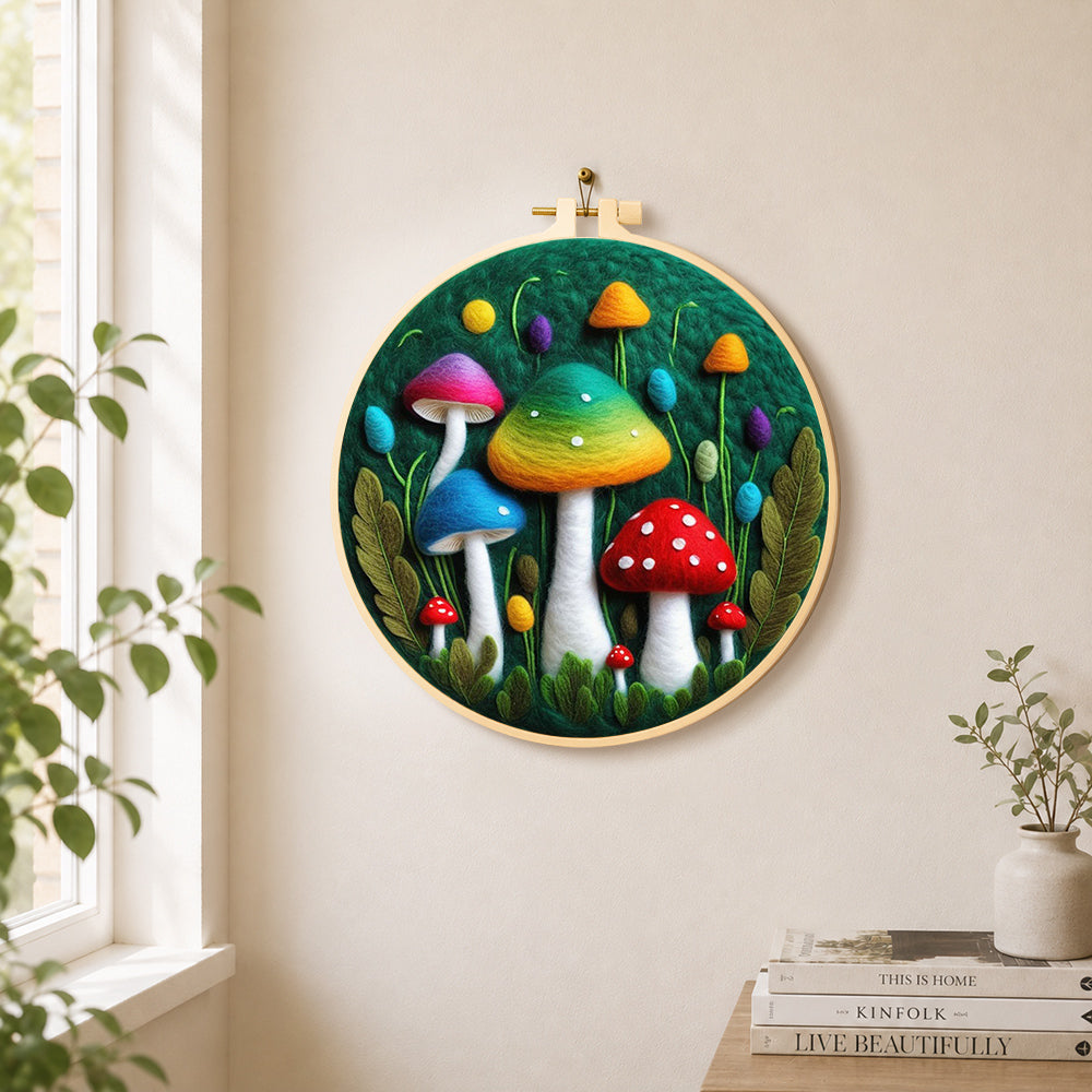 Colorful gradient mushrooms needle felt wall art displayed in a bright home interior