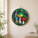 Colorful gradient mushrooms needle felt wall art displayed in a bright home interior