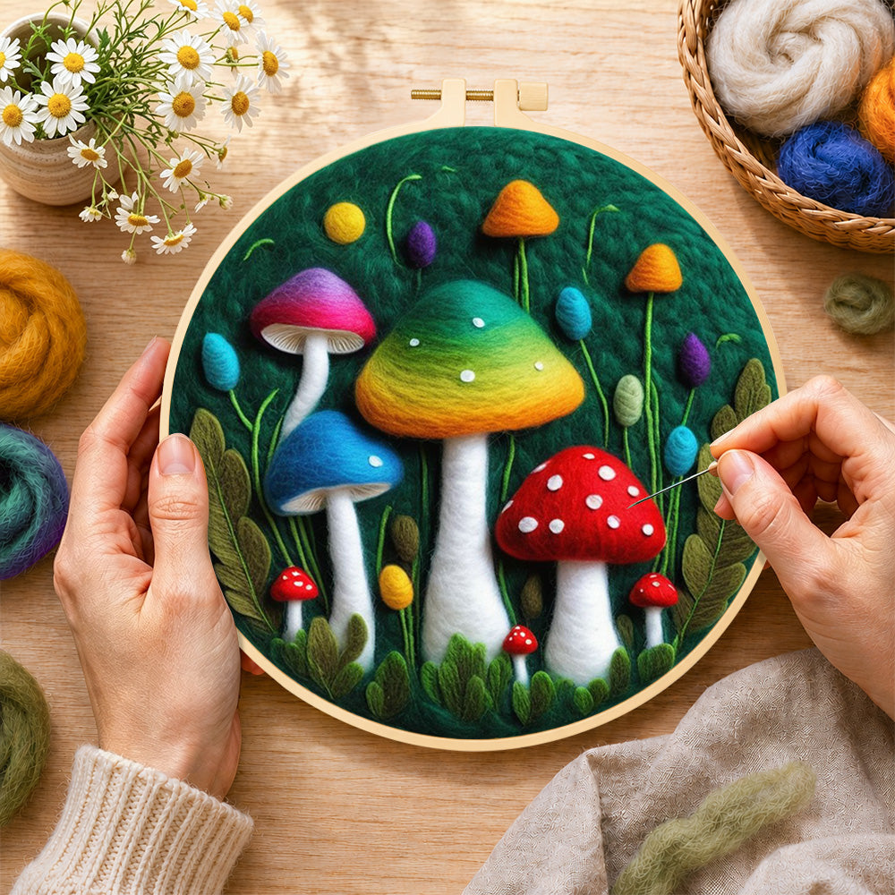Creating the colorful gradient mushrooms wool painting by hand with a felting needle