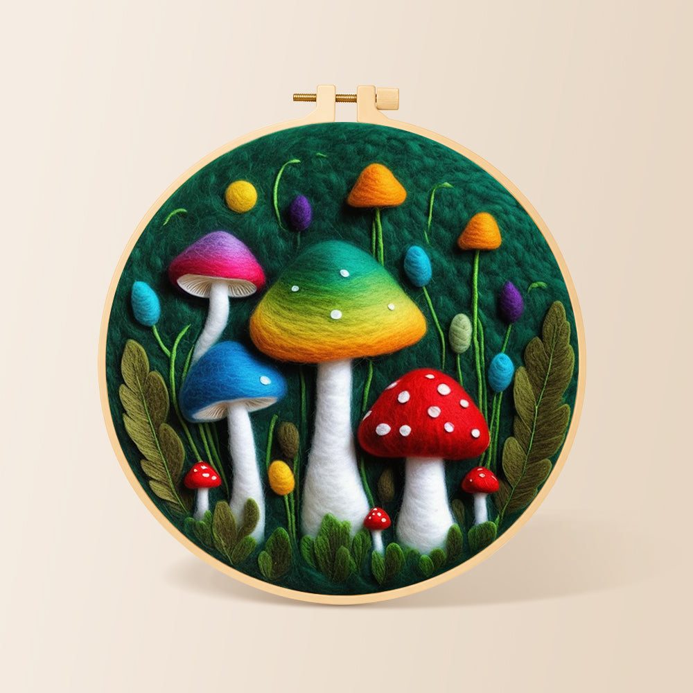 Colorful gradient mushrooms needle felting kit for beginners with a round wooden frame