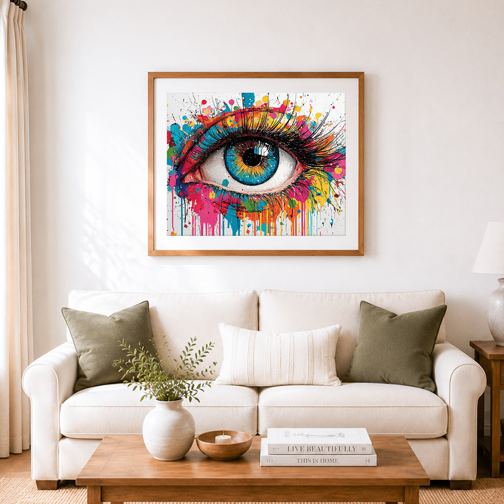 Finished colorful graffiti eye art cross stitch artwork displayed as home decor
