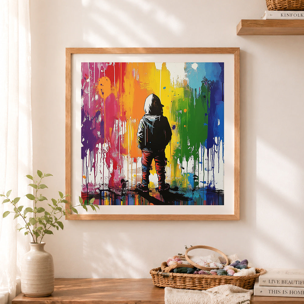 Finished colorful graffiti-style hoodie boy cross stitch artwork displayed as home decor