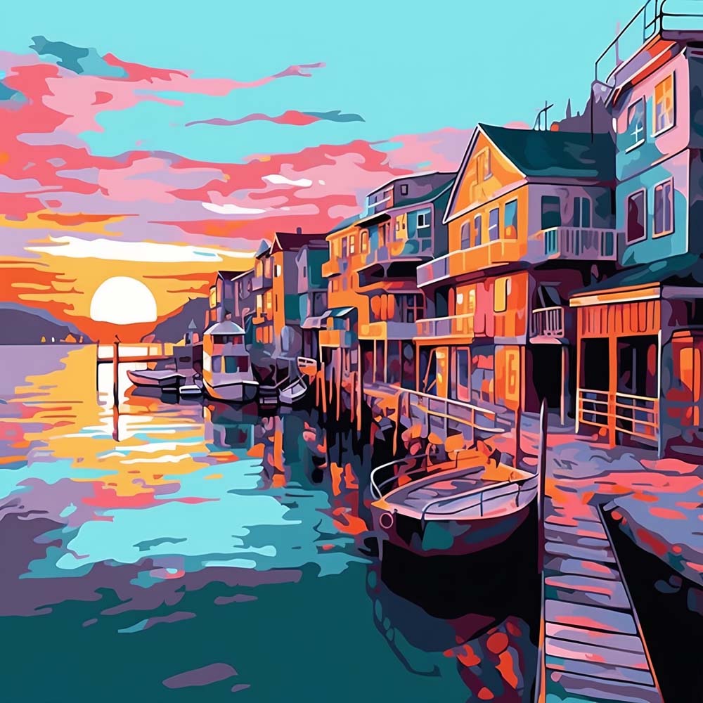 Colorful harbor at dusk cross stitch kit for beginners