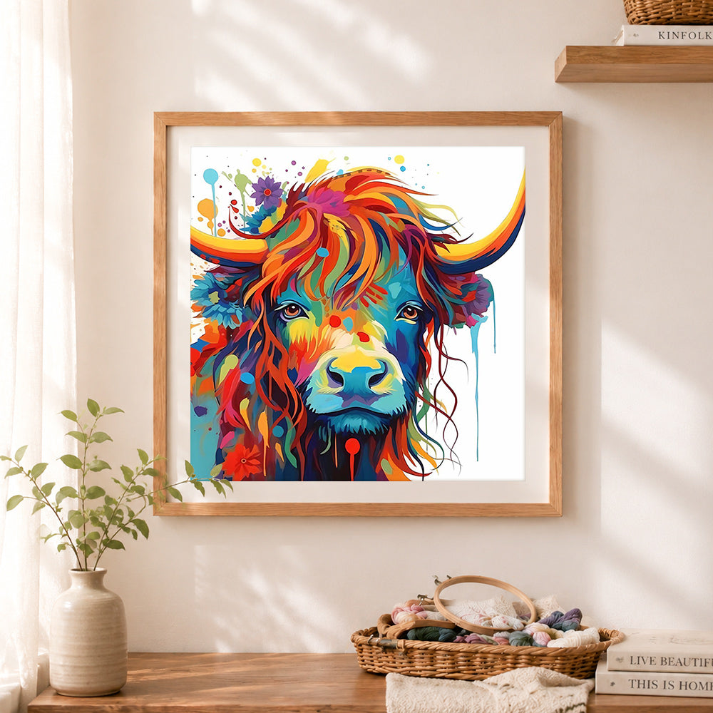 Finished colorful highland cow with flowers cross stitch artwork displayed as home decor