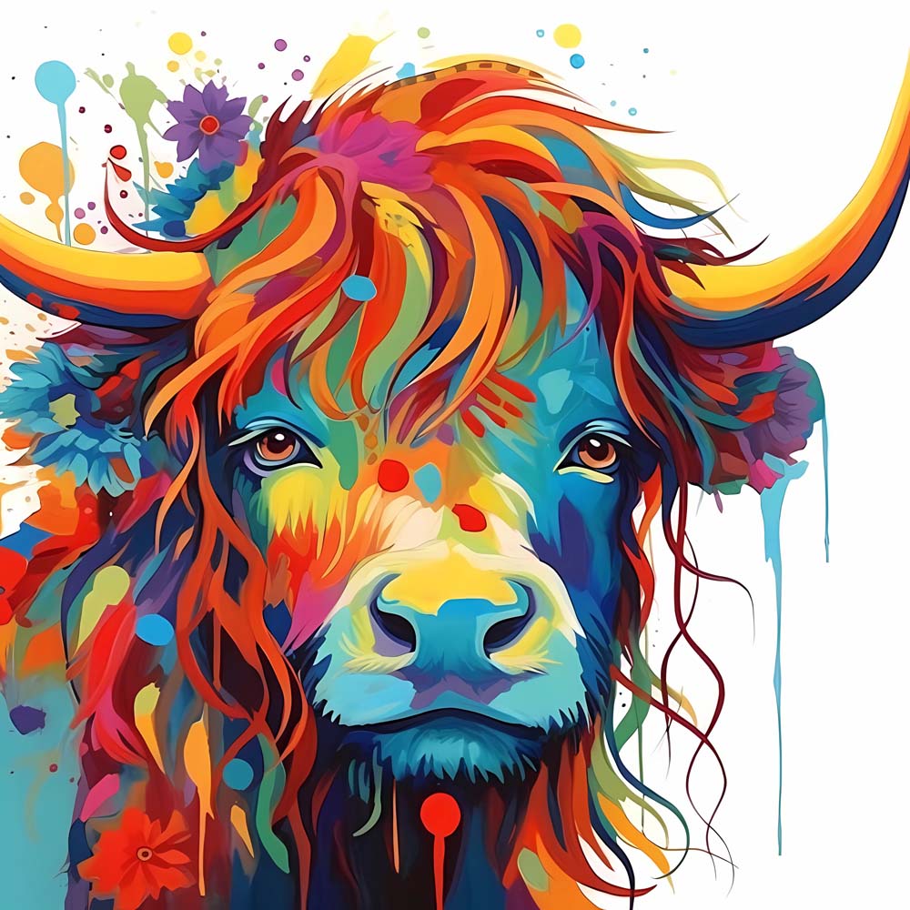 Colorful highland cow with flowers cross stitch kit for beginners