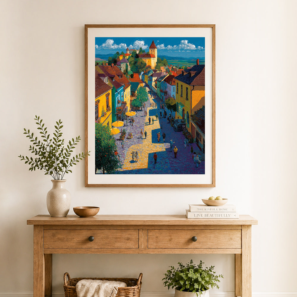 Finished colorful hilltop town cross stitch artwork displayed as home decor