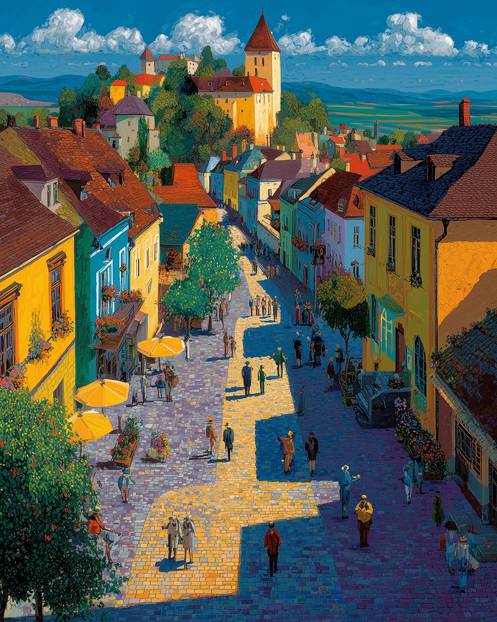 Colorful hilltop town cross stitch kit for beginners