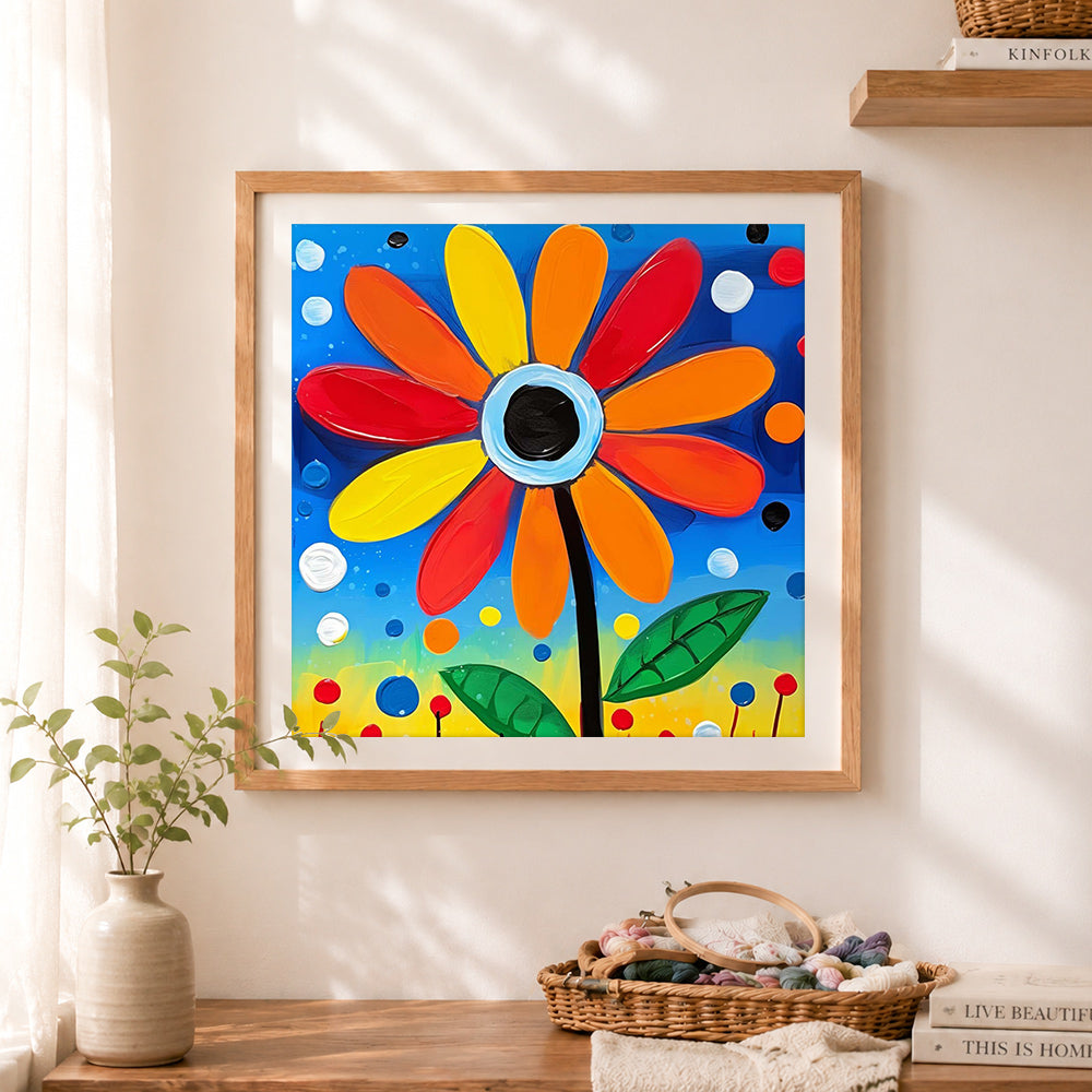 Finished colorful impasto daisy art cross stitch artwork displayed as home decor