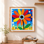 Finished colorful impasto daisy art cross stitch artwork displayed as home decor