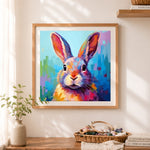 Finished colorful impressionist rabbit cross stitch artwork displayed as home decor