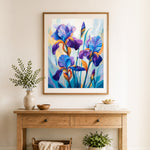 Finished colorful iris canvas cross stitch artwork displayed as home decor