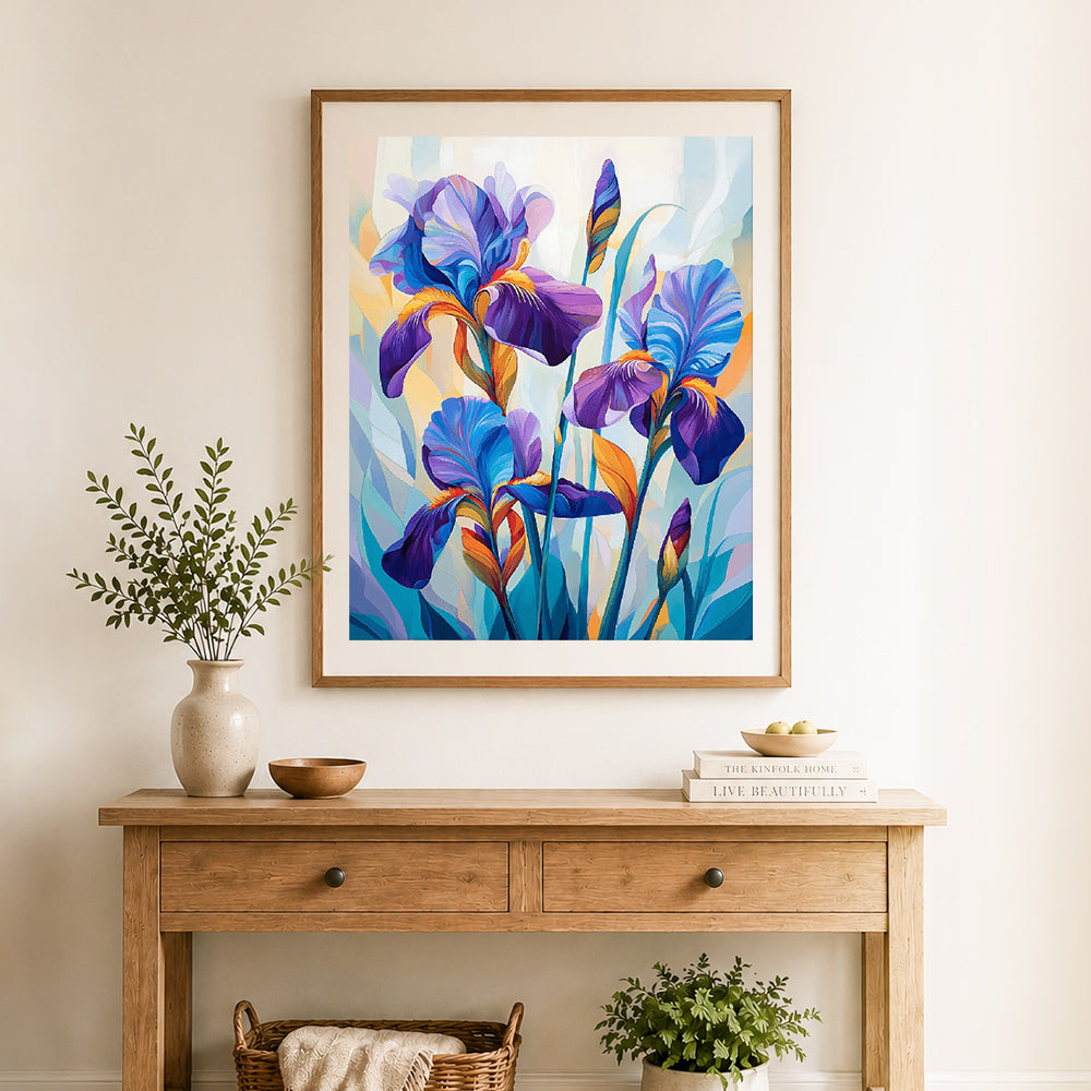 Finished colorful iris canvas cross stitch artwork displayed as home decor