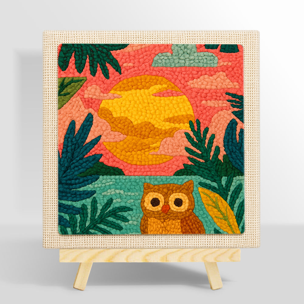 Colorful jungle sunset with owl punch needle kit for beginners