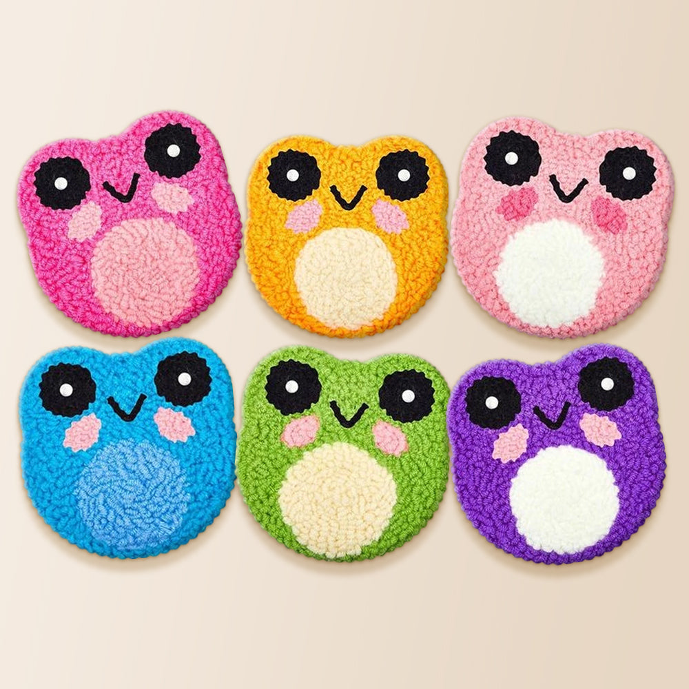 Colorful kawaii frogs punch needle coaster kit finished handmade coasters