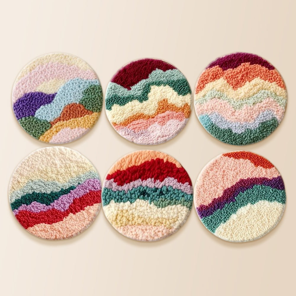 Colorful layered landscape punch needle coaster kit finished handmade coasters