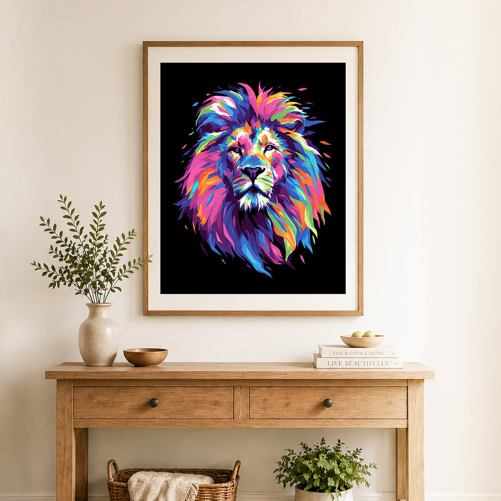 Finished colorful lion head cross stitch artwork displayed as home decor