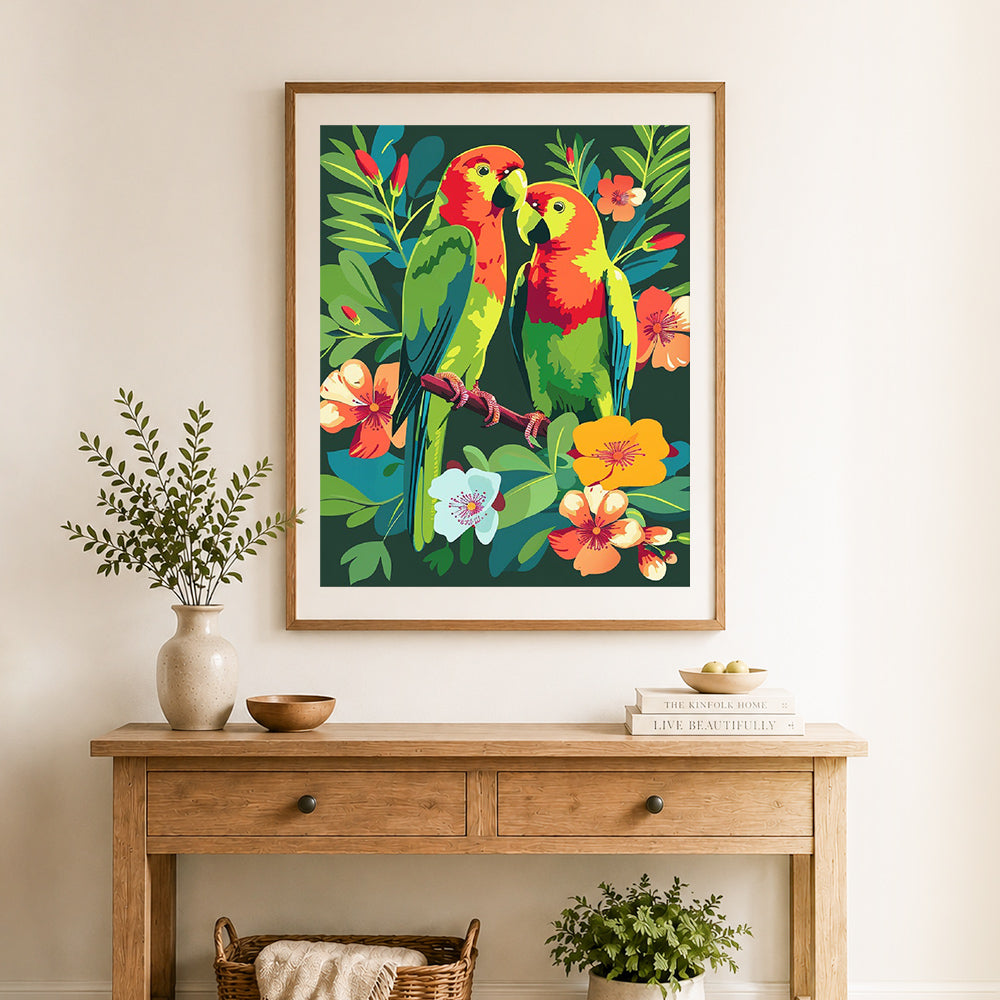 Finished colorful lovebirds among blooms cross stitch artwork displayed as home decor