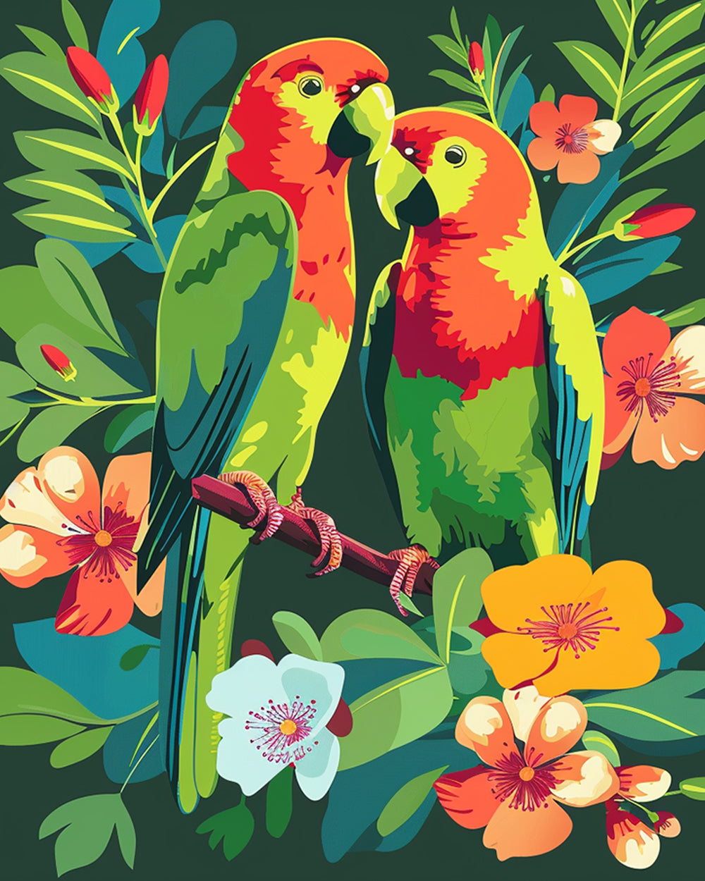 Colorful lovebirds among blooms cross stitch kit for beginners