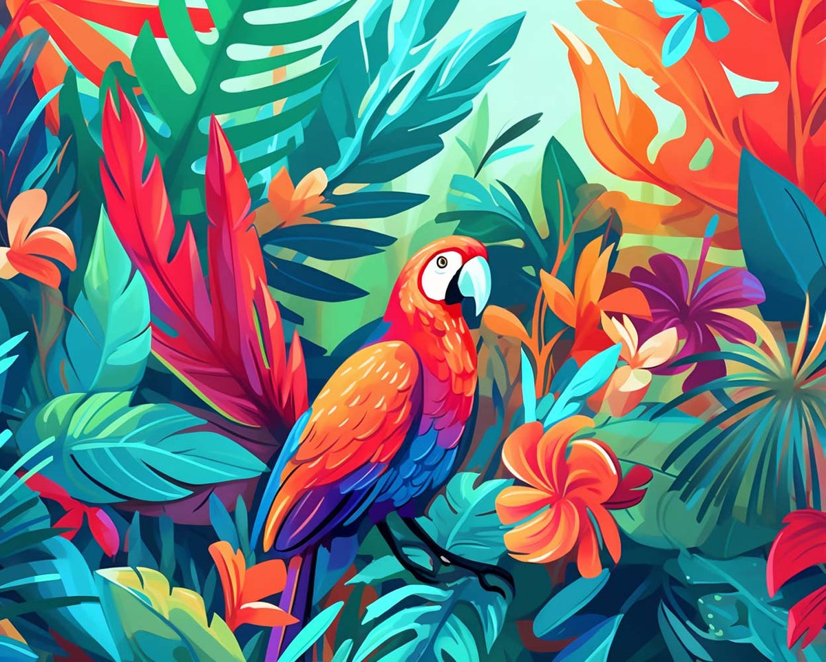 Colorful macaw in tropical foliage cross stitch kit for beginners