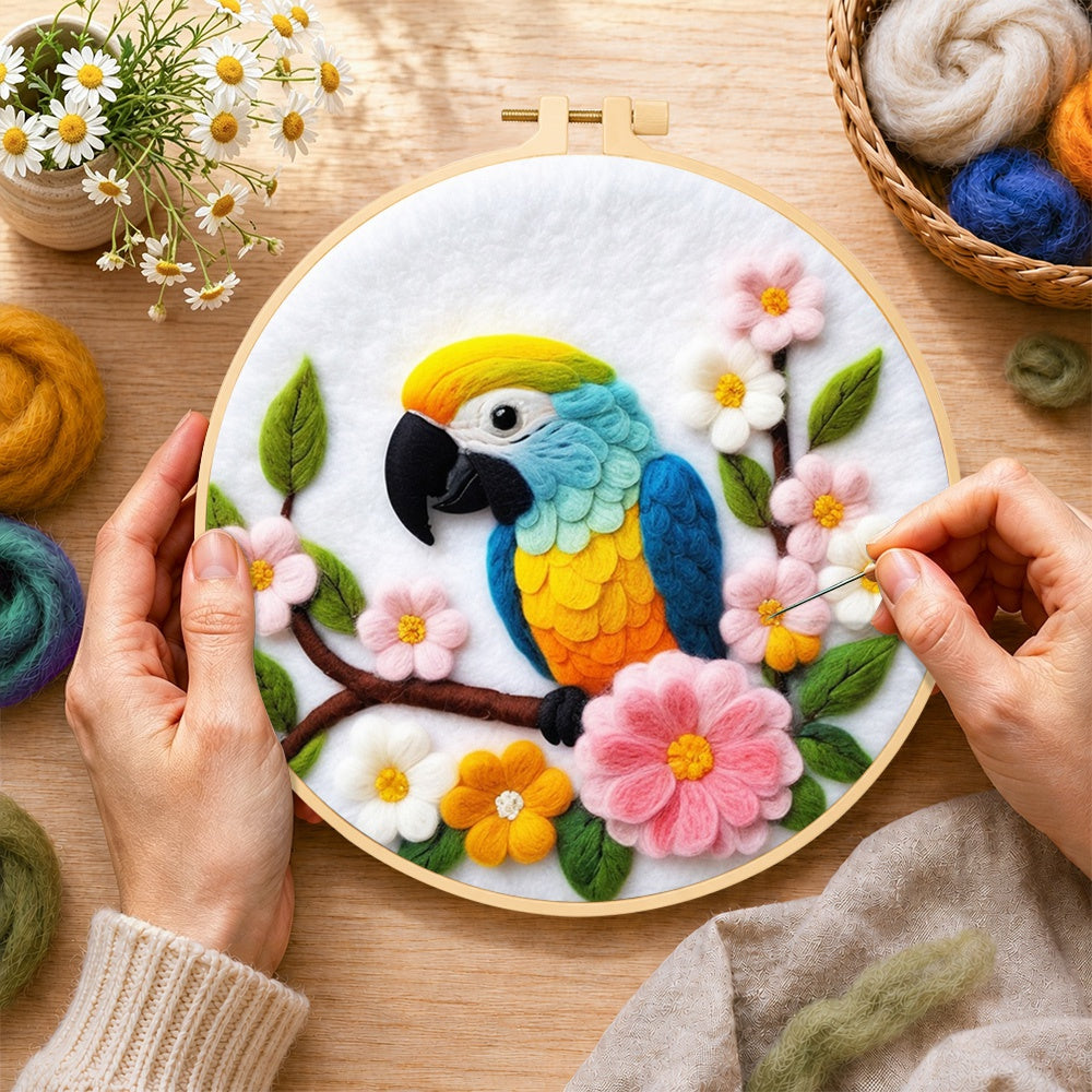 Creating the colorful macaw parrot with flowers wool painting by hand with a felting needle