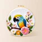Colorful macaw parrot with flowers needle felting kit for beginners with a round wooden frame