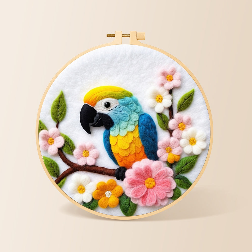 Colorful macaw parrot with flowers needle felting kit for beginners with a round wooden frame