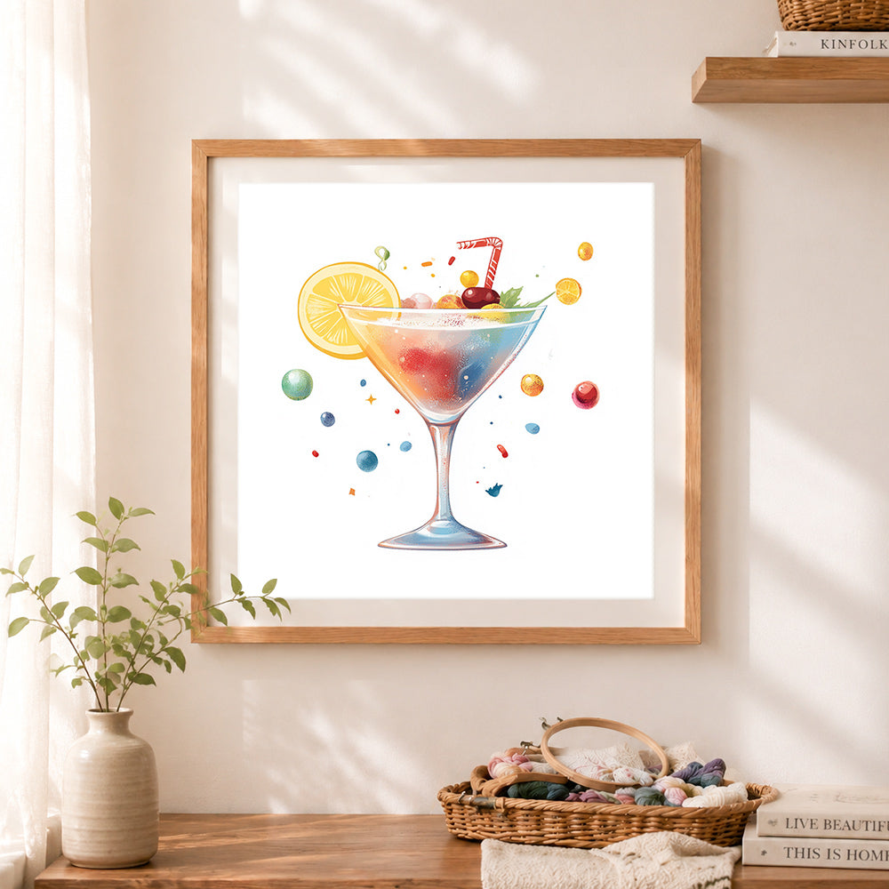 Finished colorful martini cocktail cross stitch artwork displayed as home decor