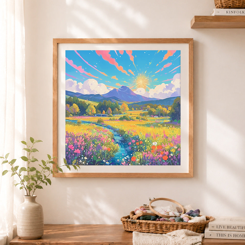 Finished colorful meadow mountain landscape cross stitch artwork displayed as home decor
