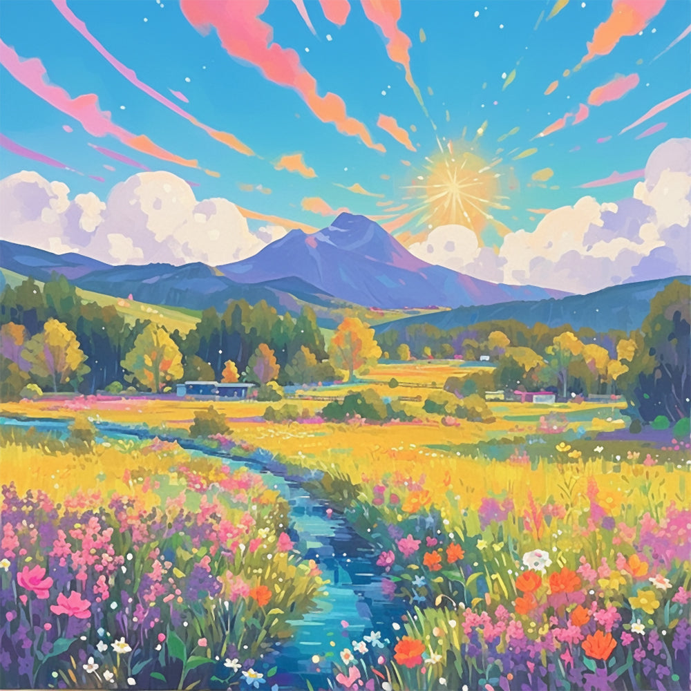Colorful meadow mountain landscape cross stitch kit for beginners