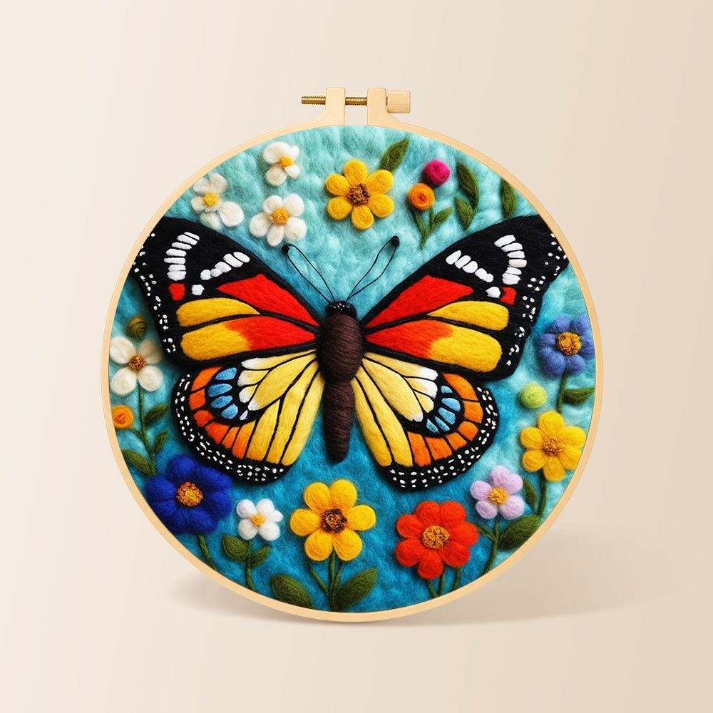 Colorful monarch butterfly and wildflowers needle felting kit for beginners with a round wooden frame