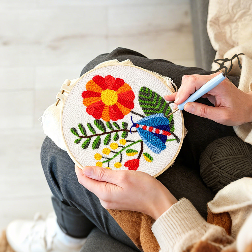 Creating handmade colorful moth and large flower punch needle artwork