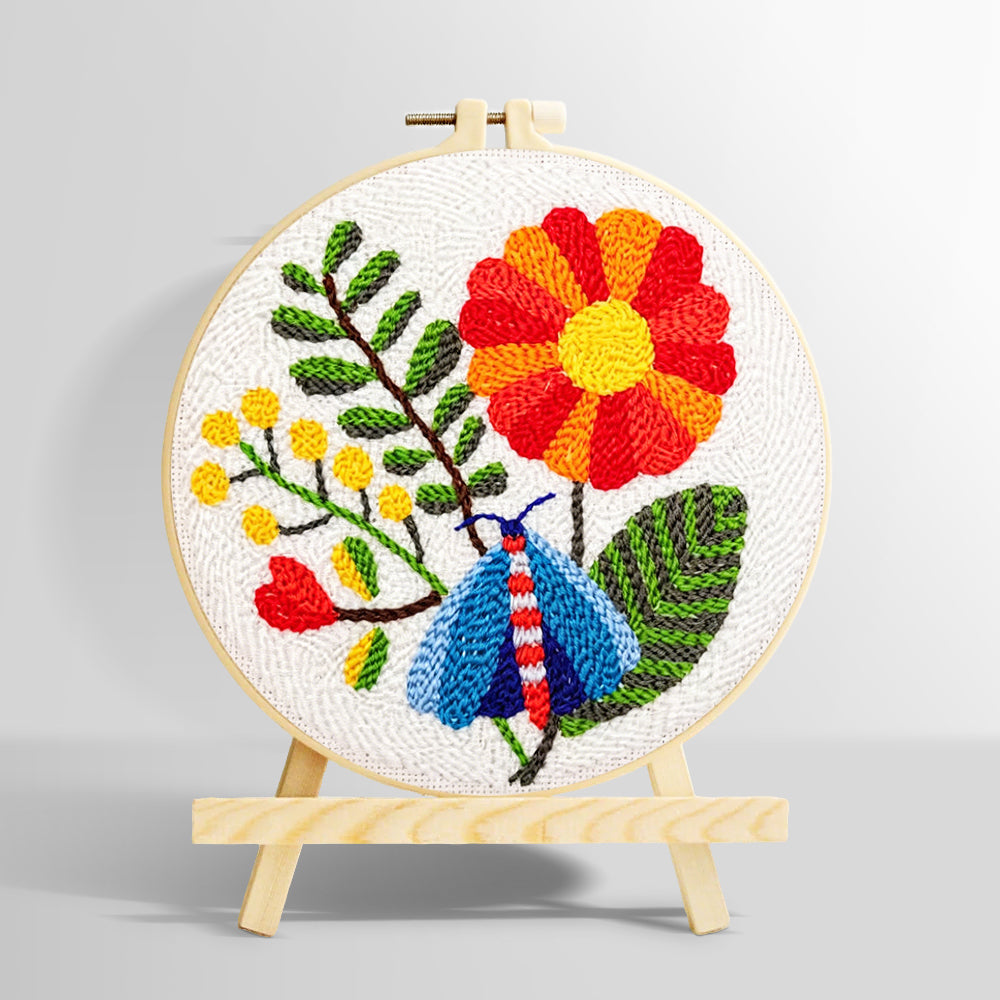 Colorful moth and large flower punch needle kit for beginners
