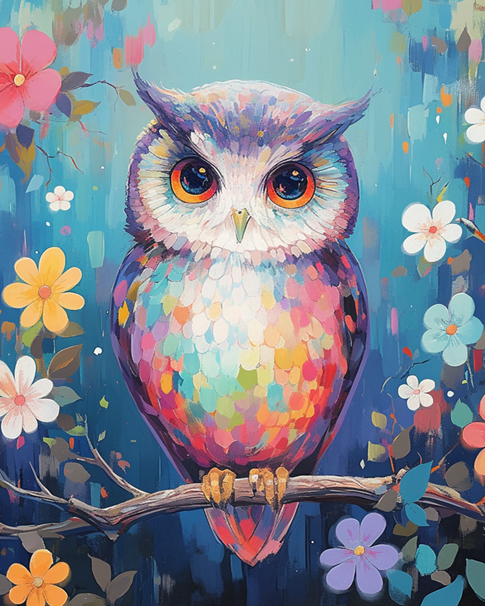 Colorful owl among wildflowers cross stitch kit for beginners