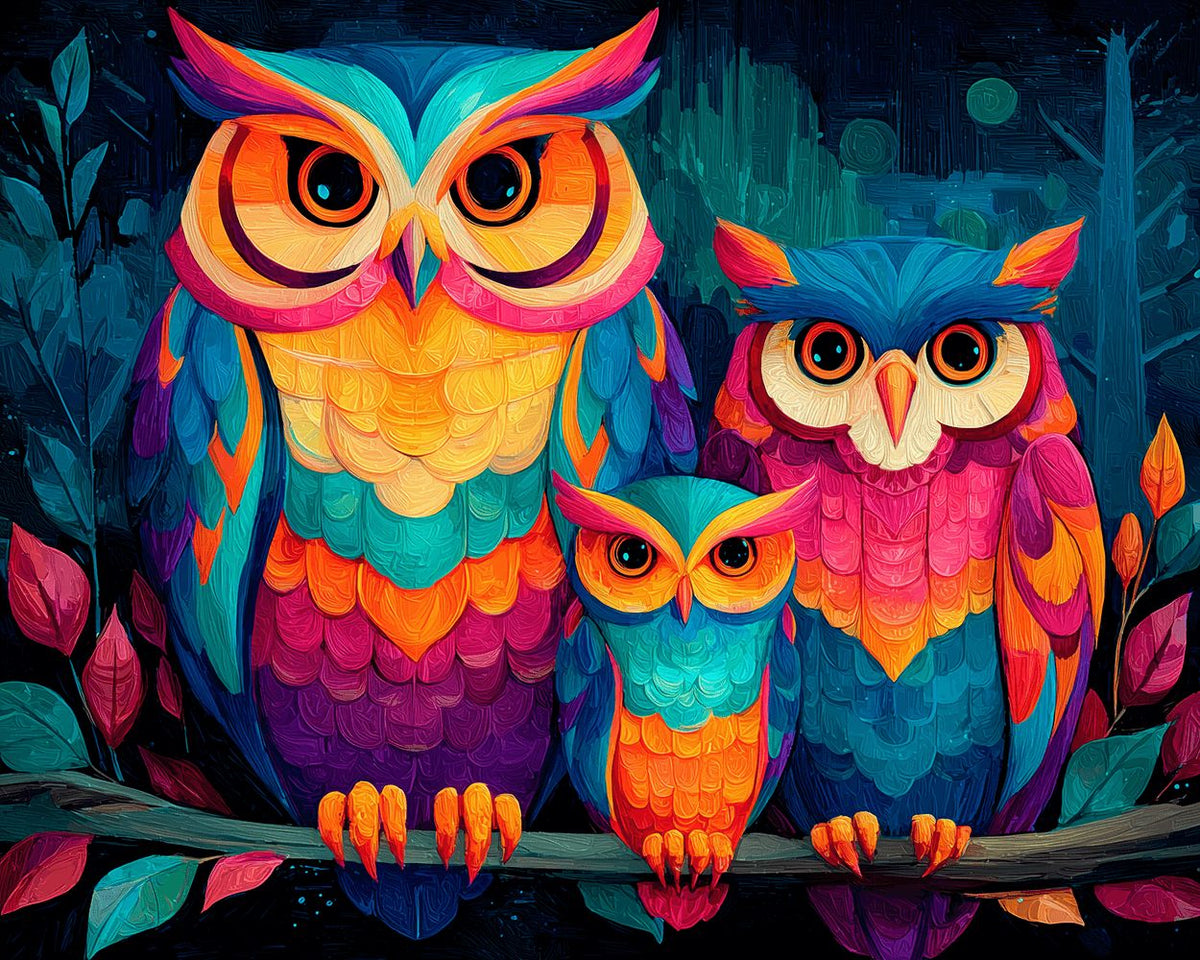 Colorful owl family on branch cross stitch kit for beginners