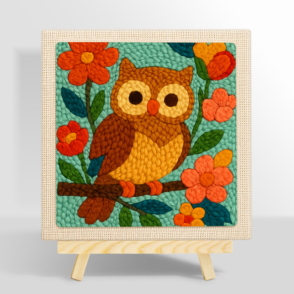 Colorful owl on flowering branch punch needle kit for beginners
